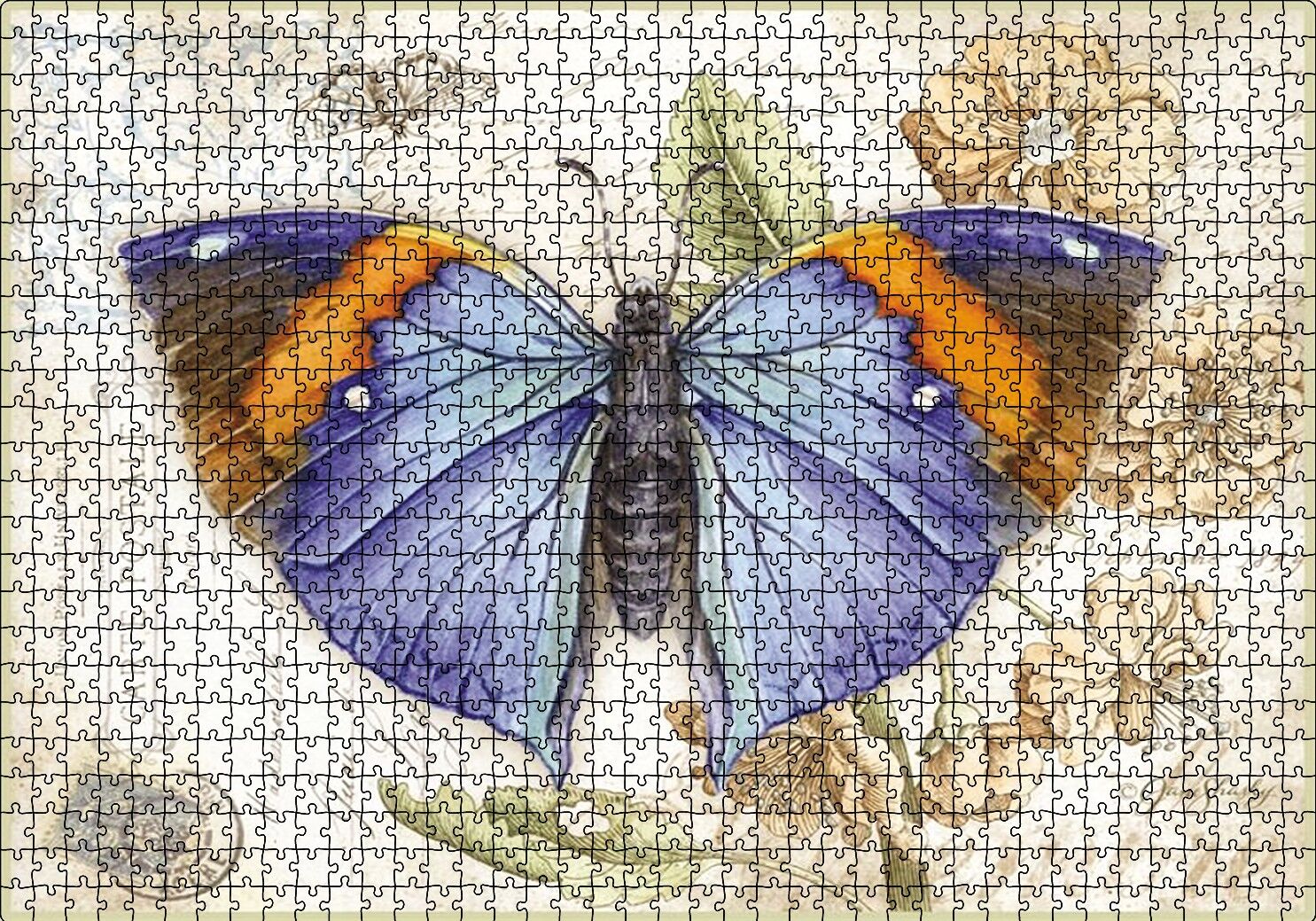 Kartpostal Üstünde Mavi Kelebek Puzzle Yapboz MDF Ahşap 1000 Parça 49 cm X 68 cm