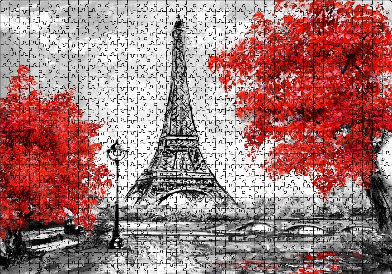 Eyfel Kulesi ve Kırmızı Yapraklı Ağaçlar Puzzle Yapboz MDF Ahşap 1000 Parça 49 cm X 68 cm