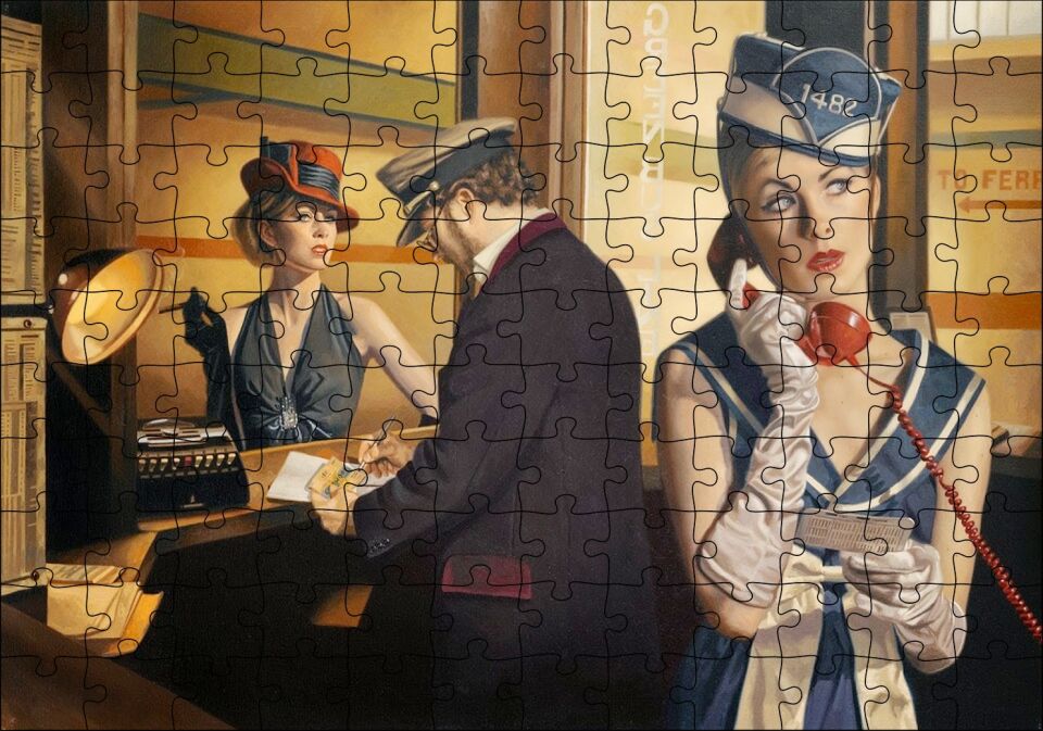 Bilet Gişesi ve Birinci Sınıf Yolcu Puzzle Yapboz MDF Ahşap 120 Parça 24 cm X 34 cm