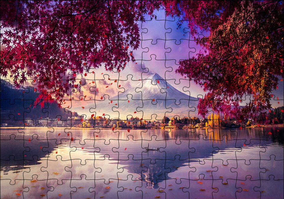 Sonbaharda Göldeki Kayık ve Karlı Zirve Puzzle Yapboz MDF Ahşap