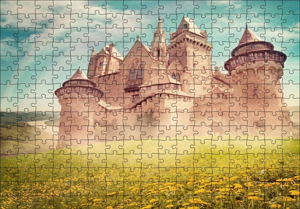 Masallar Ülkesi Kale ve Gökkuşağı Puzzle Yapboz MDF Ahşap 255 Parça 34 cm X 49 cm