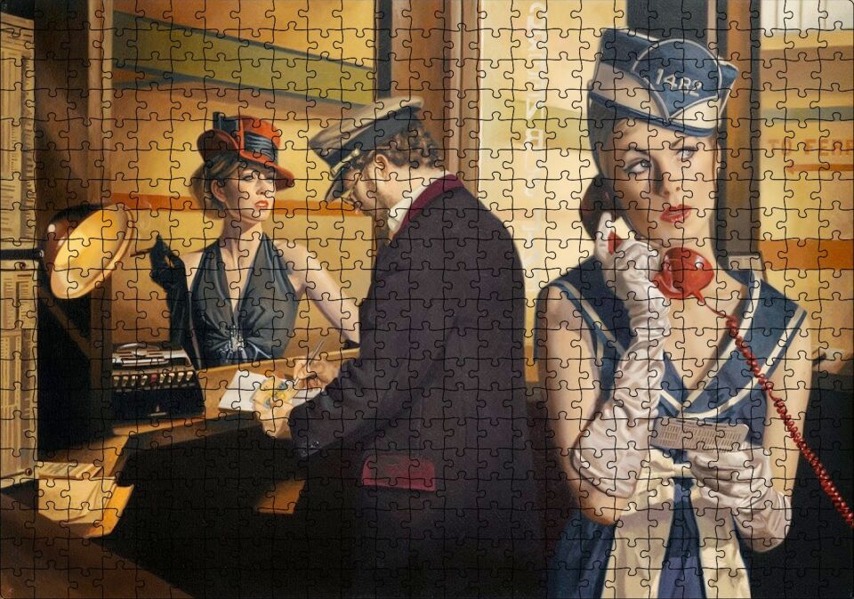 Bilet Gişesi ve Birinci Sınıf Yolcu Puzzle Yapboz MDF Ahşap 500 Parça 49 cm X 68 cm