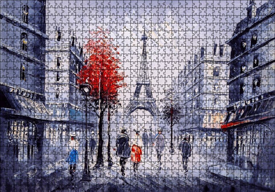 Eyfel Kulesi ve Paris Sokaklarında İnsanlar Puzzle Yapboz MDF Ahşap 1000 Parça 49 cm X 68 cm
