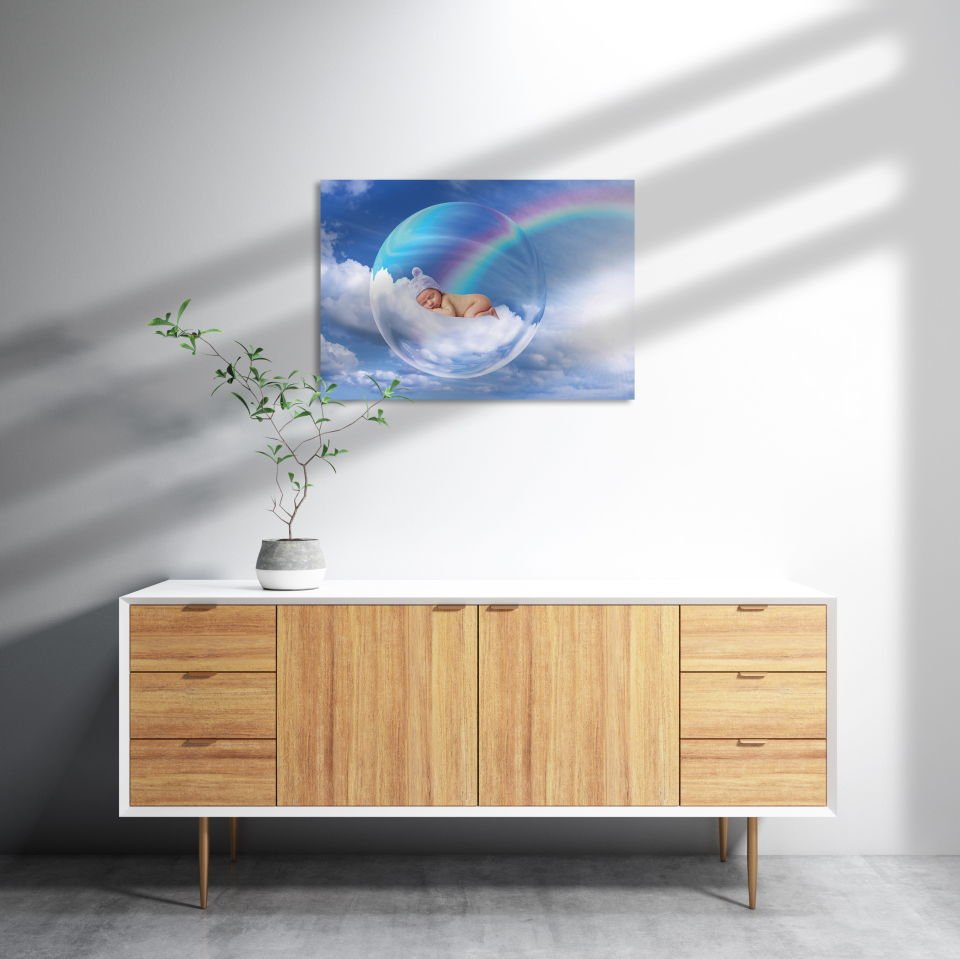 Bulutlarda Baloncuk İçindeki Bebek MDF Akşap Duvar Tablo 35x50 cm