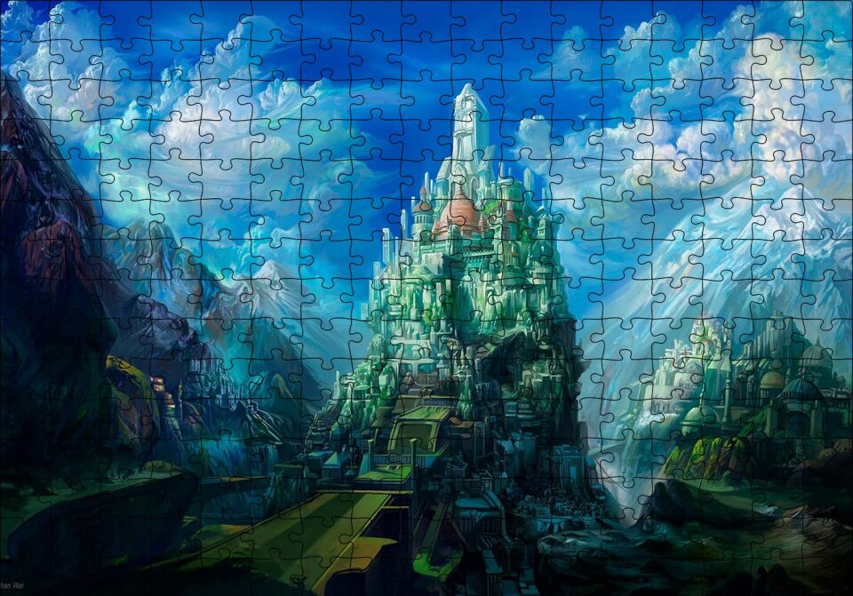 Fantastik Kule Şehir ve Bulutlar Puzzle Yapboz MDF Ahşap 255 Parça 34 cm X 49 cm