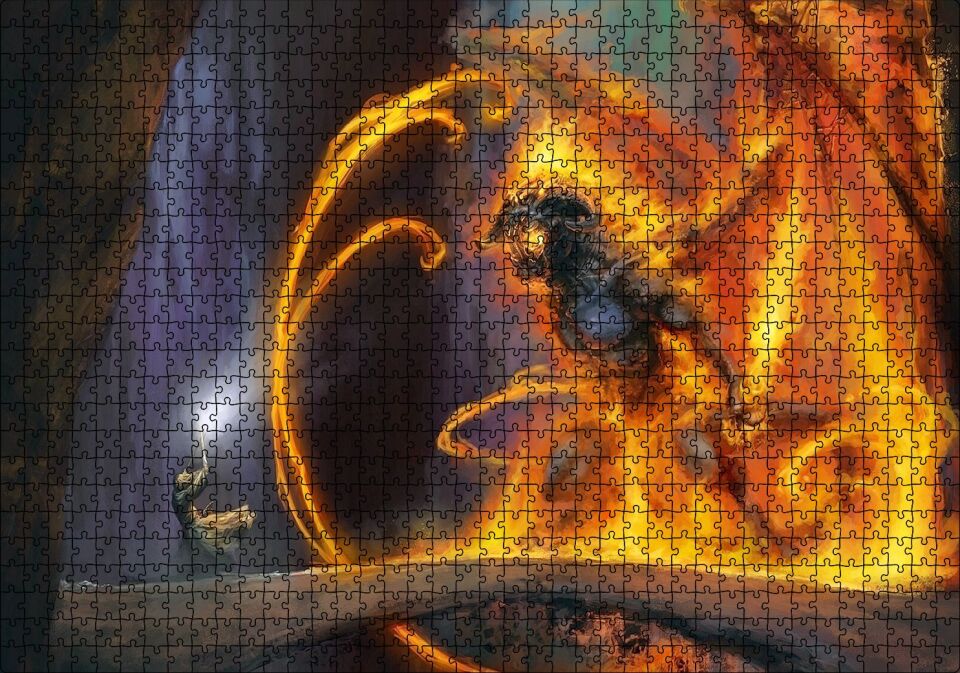 Alevler İçinde Şeytan ve Karşı Koyan Savaşçı Puzzle Yapboz MDF Ahşap 1000 Parça 49 cm X 68 cm