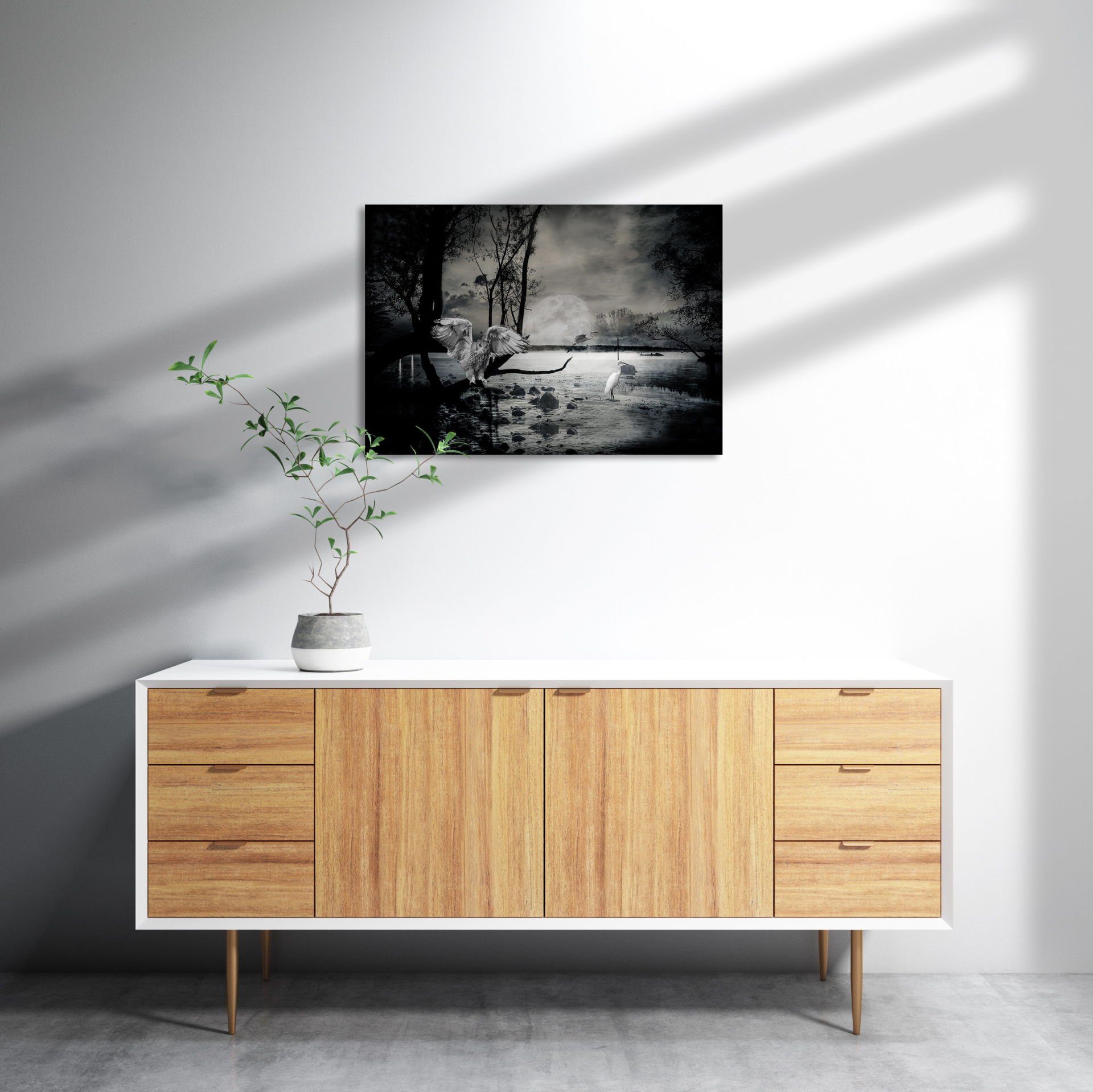 Gecede Balıkçı Kuşları Göl MDF Akşap Duvar Tablo 50x70 cm