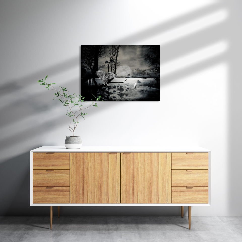 Gecede Balıkçı Kuşları Göl MDF Akşap Duvar Tablo 50x70 cm