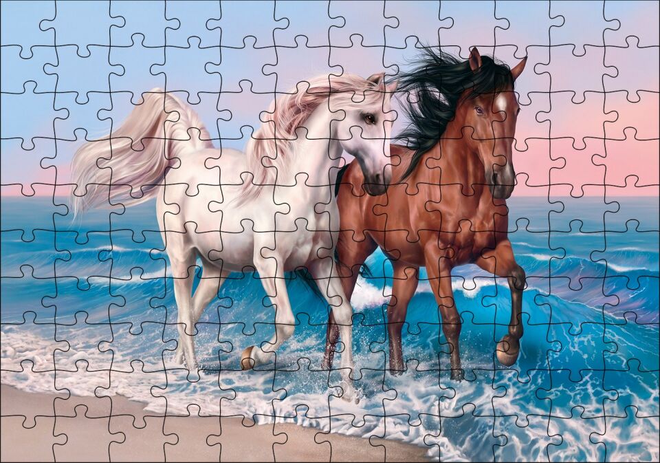 Pilajda Koşan Beyaz Kahve Rengi Atlar Puzzle Yapboz MDF Ahşap