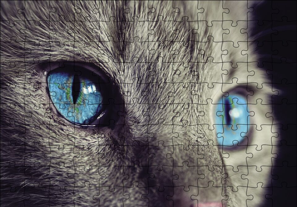 Mavi Gözlü Kedi Puzzle Yapboz MDF Ahşap 120 Parça 24 cm X 34 cm