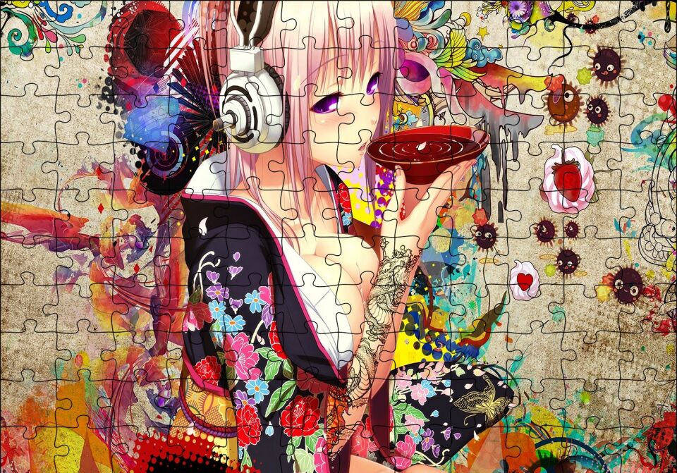 Anime Kulaklıklı Genç Kız Çay İçiyor Puzzle Yapboz MDF Ahşap 120 Parça 24 cm X 34 cm