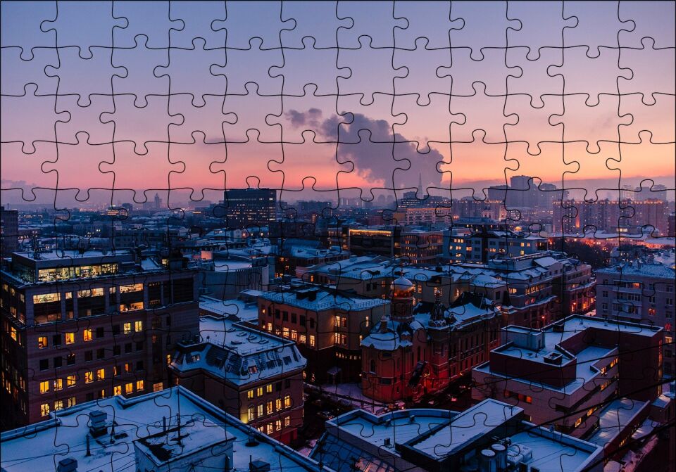 Karla Kaplı Şehir ve Gri Gökyüzü Puzzle Yapboz MDF Ahşap 120 Parça 24 cm X 34 cm