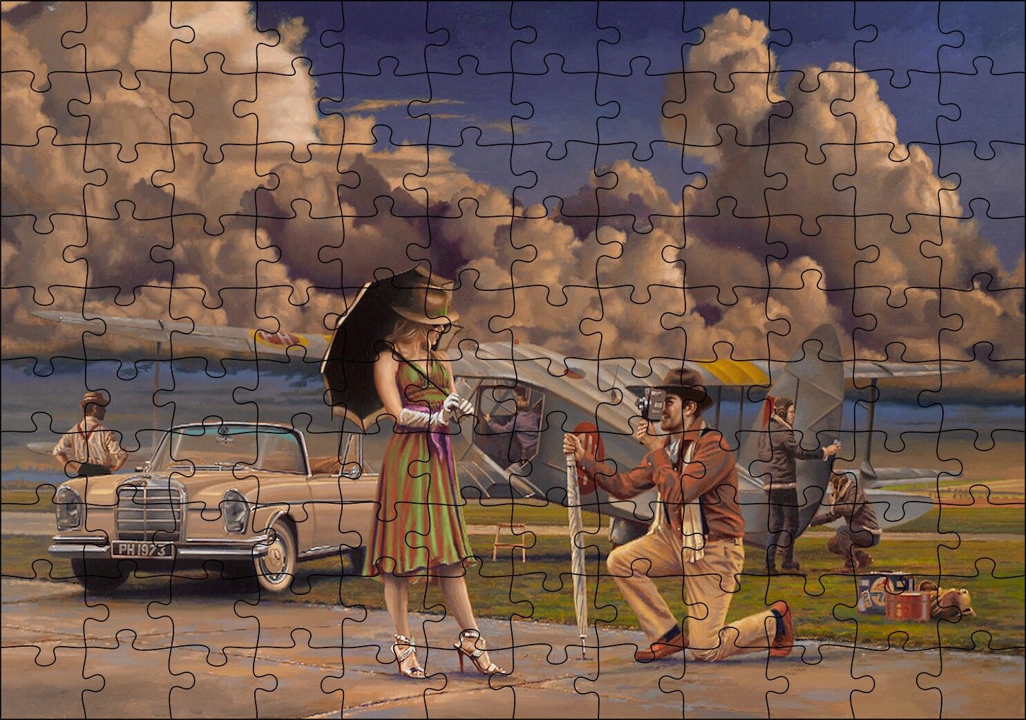 Bulutlar, Eski Uçak, Mercedes ve Ünlü Kadın Puzzle Yapboz MDF Ahşap 120 Parça 24 cm X 34 cm