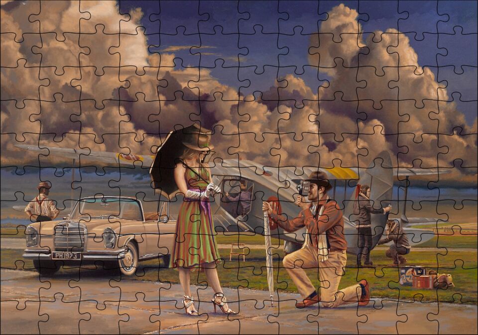 Bulutlar, Eski Uçak, Mercedes ve Ünlü Kadın Puzzle Yapboz MDF Ahşap 120 Parça 24 cm X 34 cm