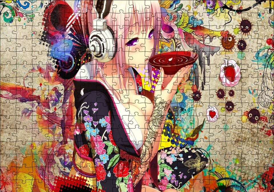 Anime Kulaklıklı Genç Kız Çay İçiyor Puzzle Yapboz MDF Ahşap 255 Parça 34 cm X 49 cm