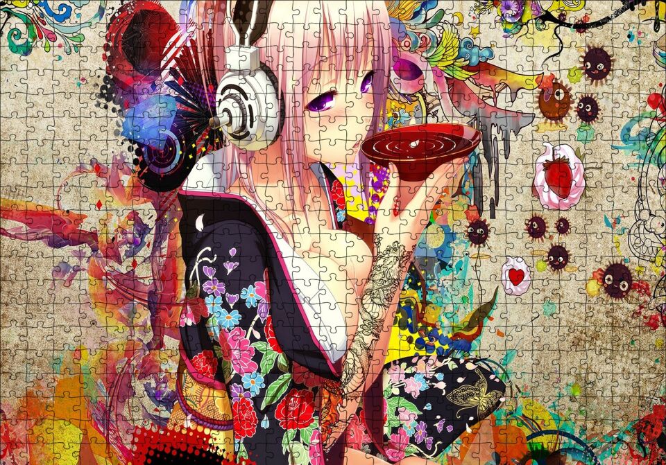 Anime Kulaklıklı Genç Kız Çay İçiyor Puzzle Yapboz MDF Ahşap 500 Parça 49 cm X 68 cm