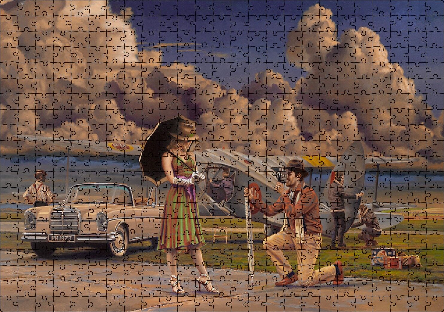 Bulutlar, Eski Uçak, Mercedes ve Ünlü Kadın Puzzle Yapboz MDF Ahşap 500 Parça 49 cm X 68 cm