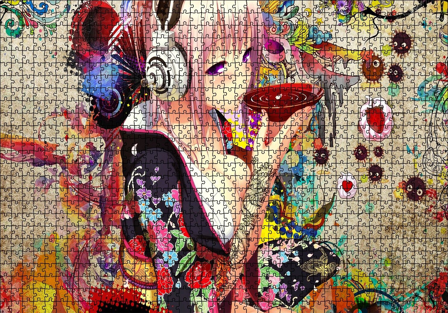 Anime Kulaklıklı Genç Kız Çay İçiyor Puzzle Yapboz MDF Ahşap 1000 Parça 49 cm X 68 cm