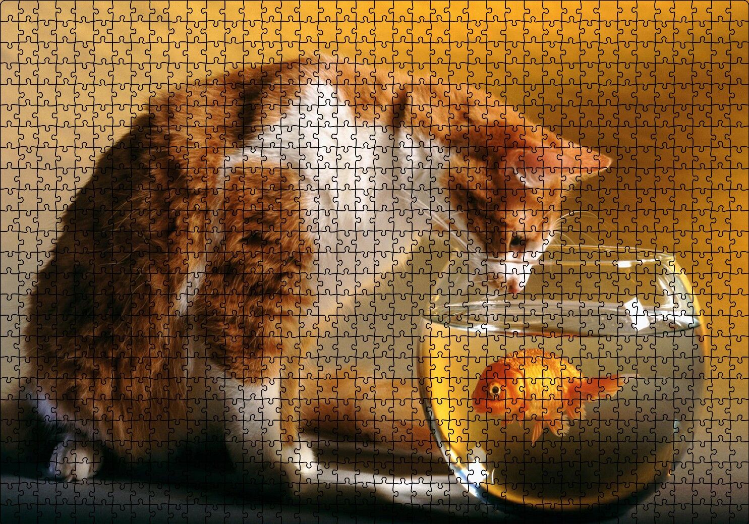 Fanustaki Balık ve İzleyen Kedi Puzzle Yapboz MDF Ahşap 1000 Parça 49 cm X 68 cm