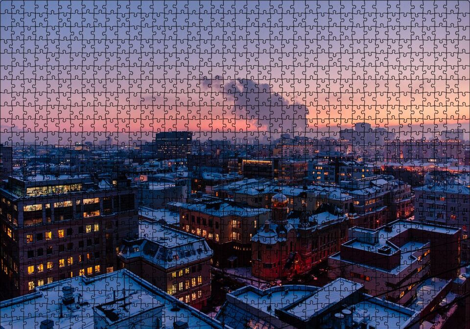 Karla Kaplı Şehir ve Gri Gökyüzü Puzzle Yapboz MDF Ahşap 1000 Parça 49 cm X 68 cm