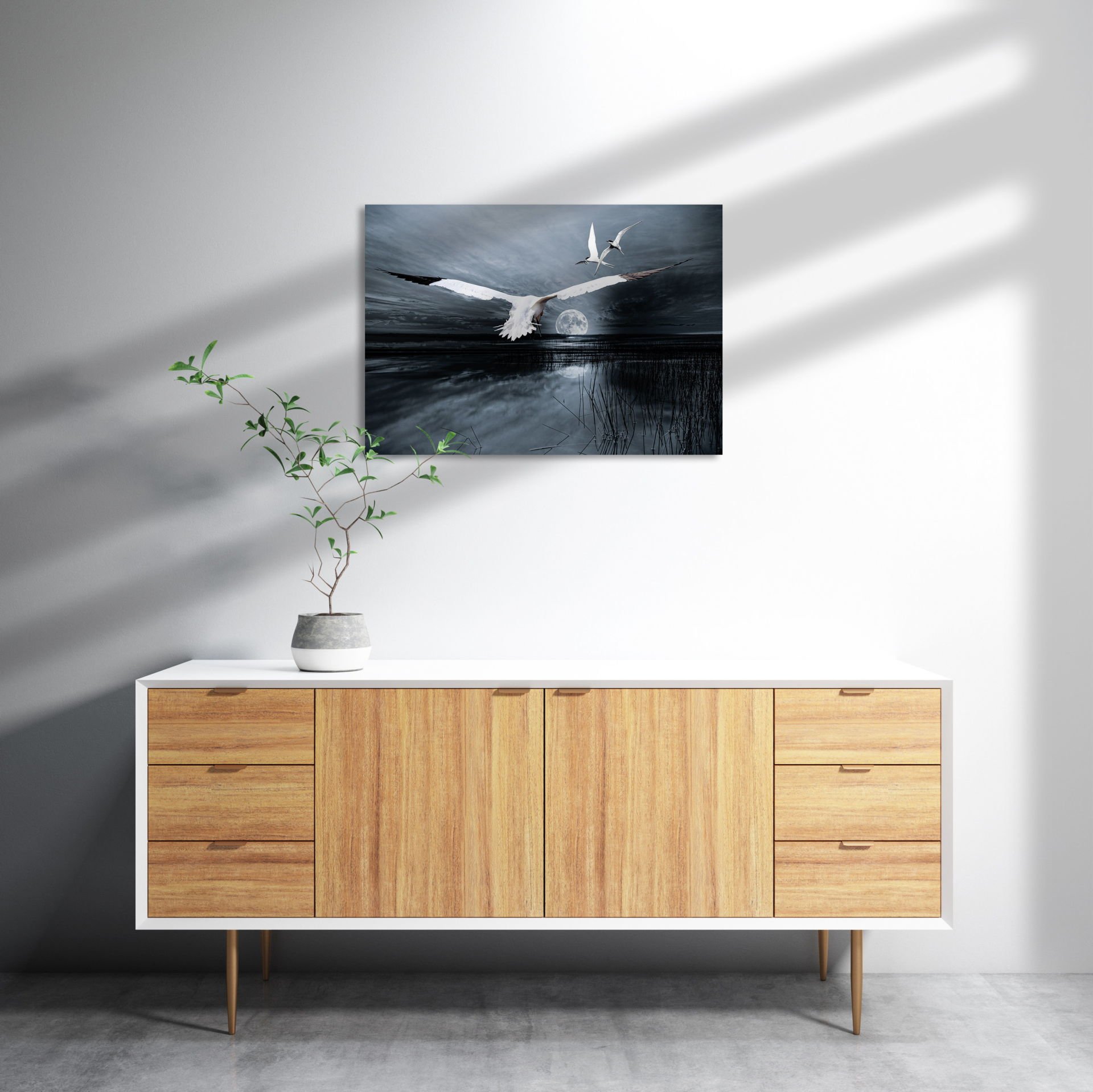 Gece Ay Göl Balıkçı Kuşları MDF Akşap Duvar Tablo 50x70 cm