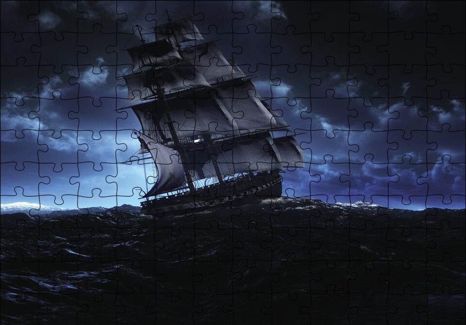 Hırçın Dalgalarda Yelkenli Gemi Puzzle Yapboz MDF Ahşap