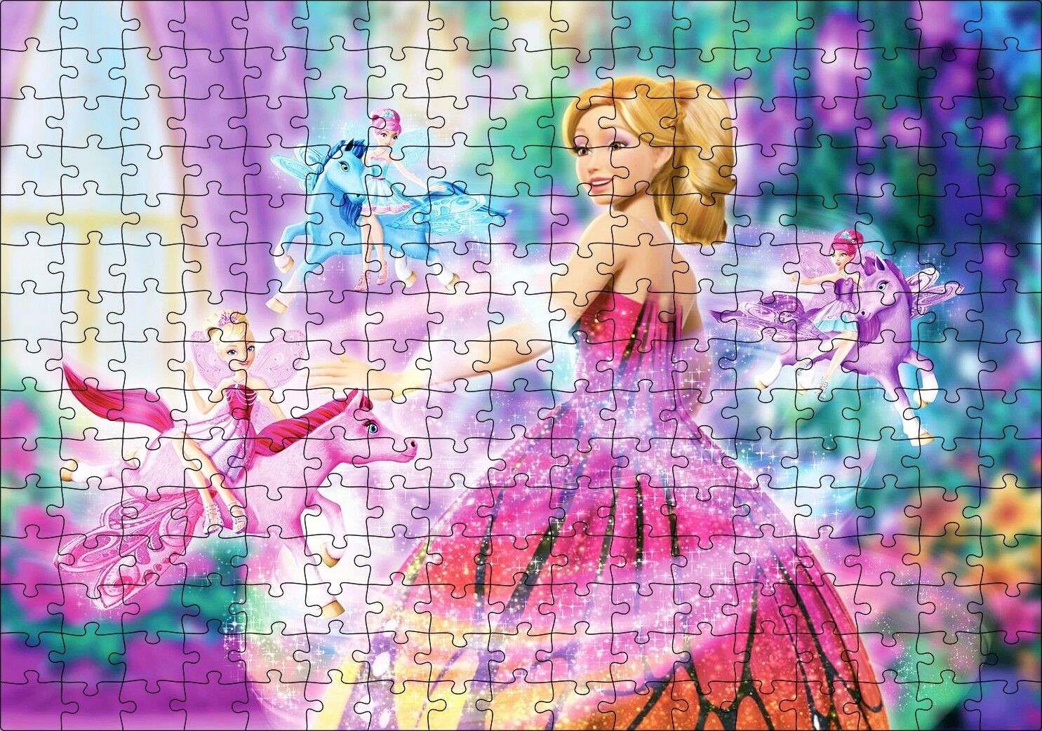 Sevimli Barbi Bebekler Ve Pegassus Görseli Puzzle Yapboz MDF Ahşap 255 Parça 34 cm X 49 cm