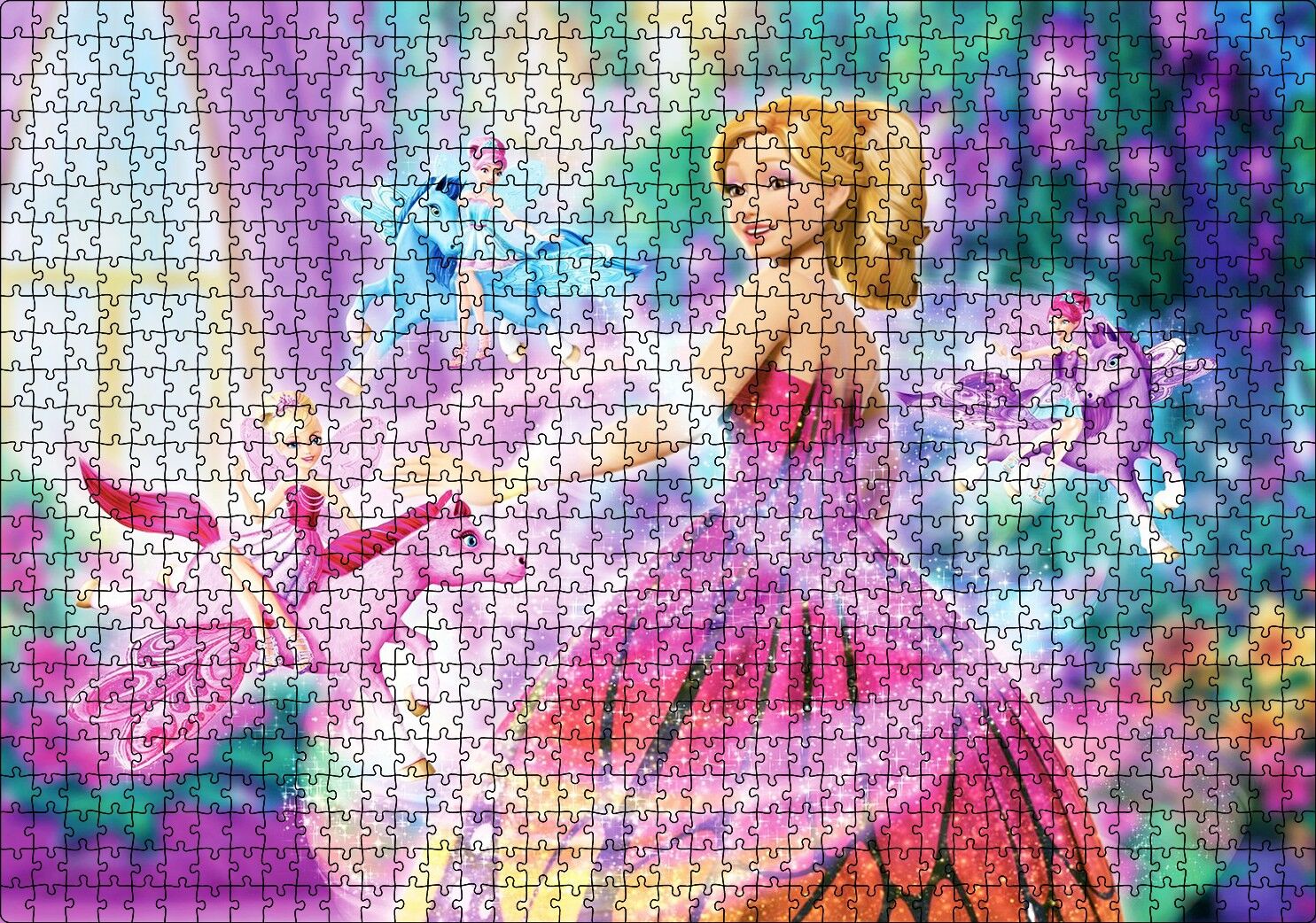 Sevimli Barbi Bebekler Ve Pegassus Görseli Puzzle Yapboz MDF Ahşap 1000 Parça 49 cm X 68 cm