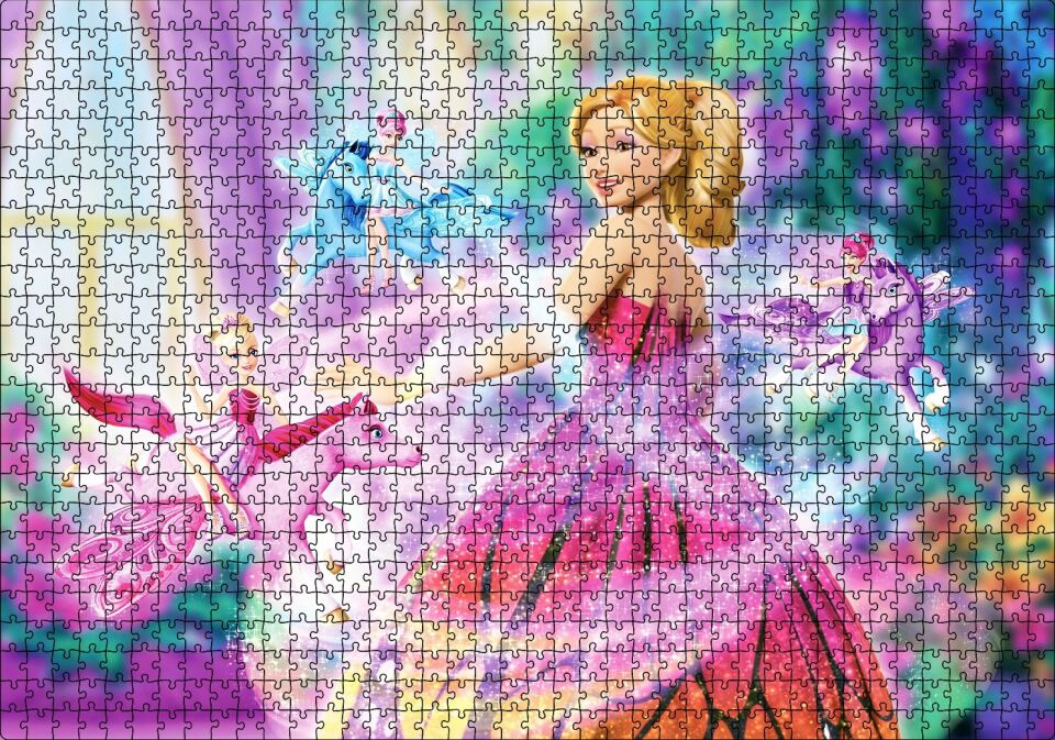 Sevimli Barbi Bebekler Ve Pegassus Görseli Puzzle Yapboz MDF Ahşap 1000 Parça 49 cm X 68 cm
