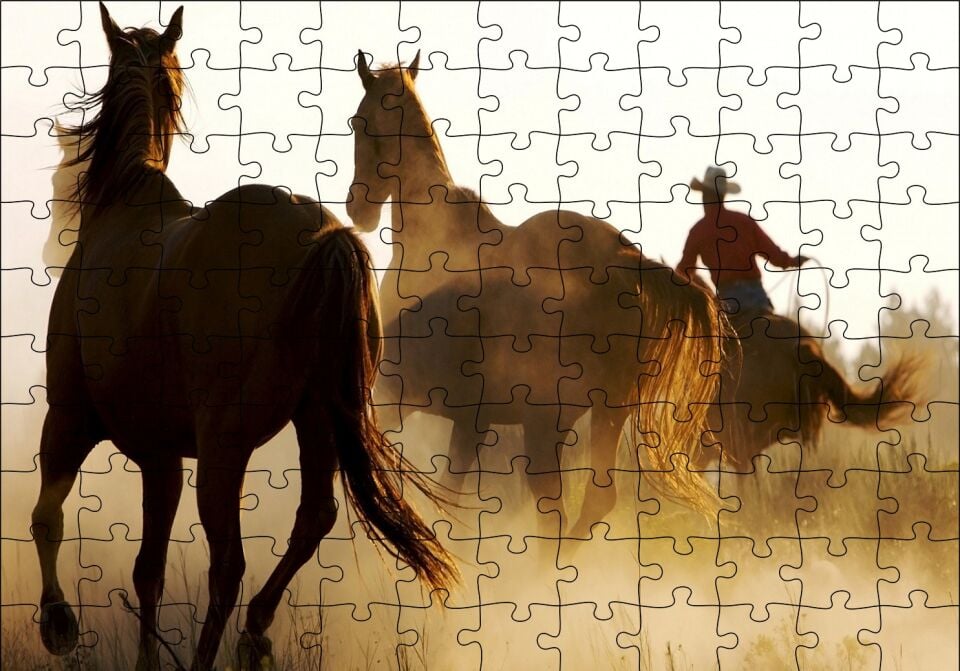 Atlar ve Kementli Kovboy Puzzle Yapboz MDF Ahşap 120 Parça 24 cm X 34 cm