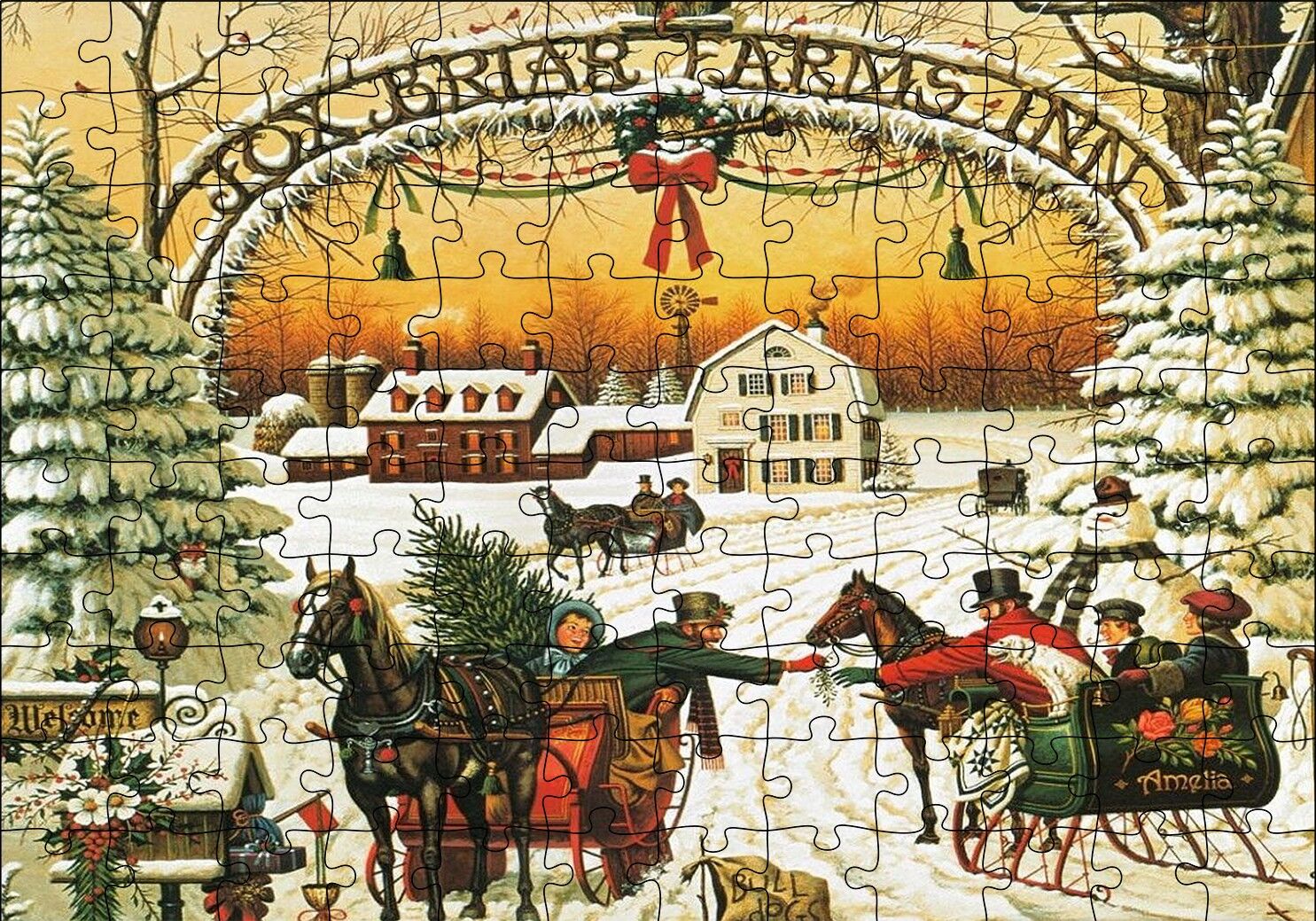 Fox Briar Çiftliği Yılbaşında İnsanlar Puzzle Yapboz MDF Ahşap 120 Parça 24 cm X 34 cm