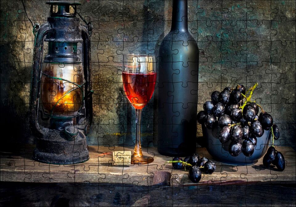 Ahlap Tablo Siyah Üzüm Şarap Kadehi Fener Puzzle Yapboz MDF Ahşap