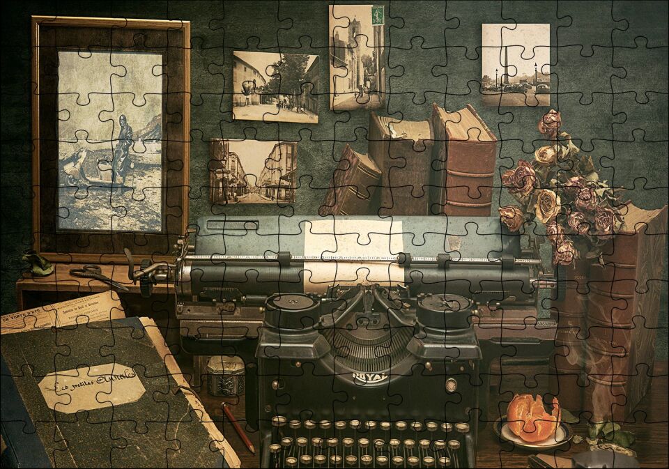 Masada Kitaplar Daktilo Tablolar Görseli Puzzle Yapboz MDF Ahşap 120 Parça 24 cm X 34 cm