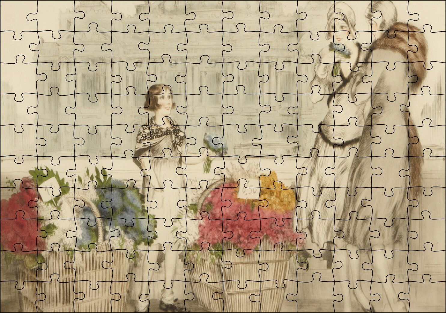Çiçekçi Kız ve Müşterisi Kadınlar Puzzle Yapboz MDF Ahşap 120 Parça 24 cm X 34 cm