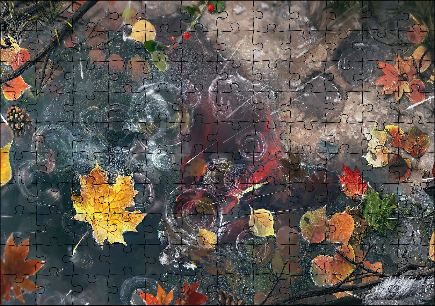 Sonbahar Yaprakları ve Yağmur Damlaları Puzzle Yapboz MDF Ahşap