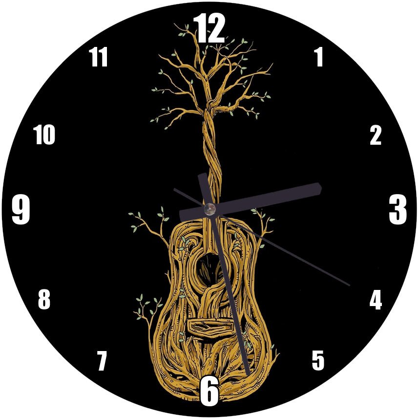 Organik Gitar Siyah Arkaplan  Mdf Ahşap Duvar Saati 30 cm Çap