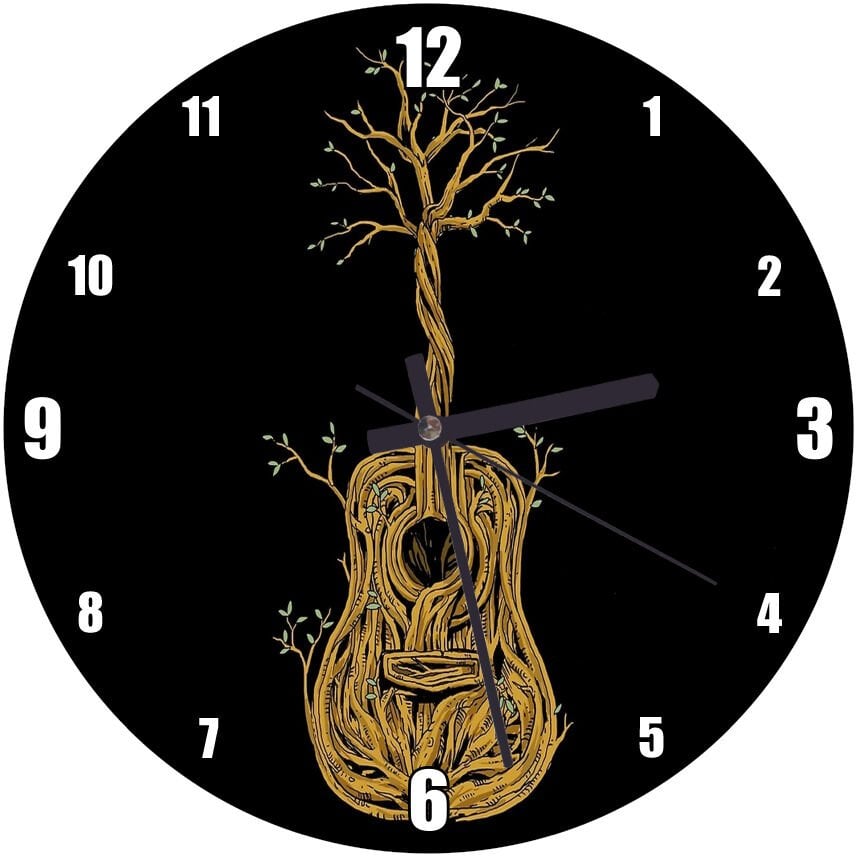 Organik Gitar Siyah Arkaplan  Mdf Ahşap Duvar Saati 50 cm Çap