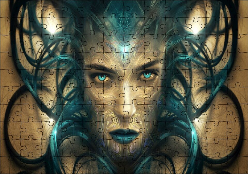 Sürrealistik Kadın Yüzü ve Siyah Saçları Puzzle Yapboz MDF Ahşap