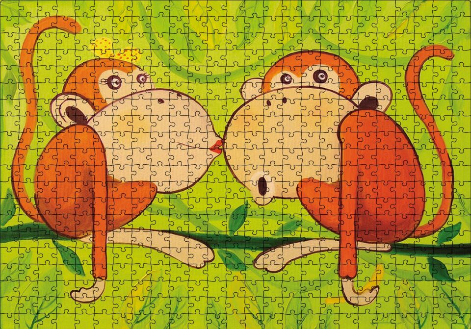 Maymunlar Aşk Öpücüğü Puzzle Yapboz MDF Ahşap 500 Parça 49 cm X 68 cm