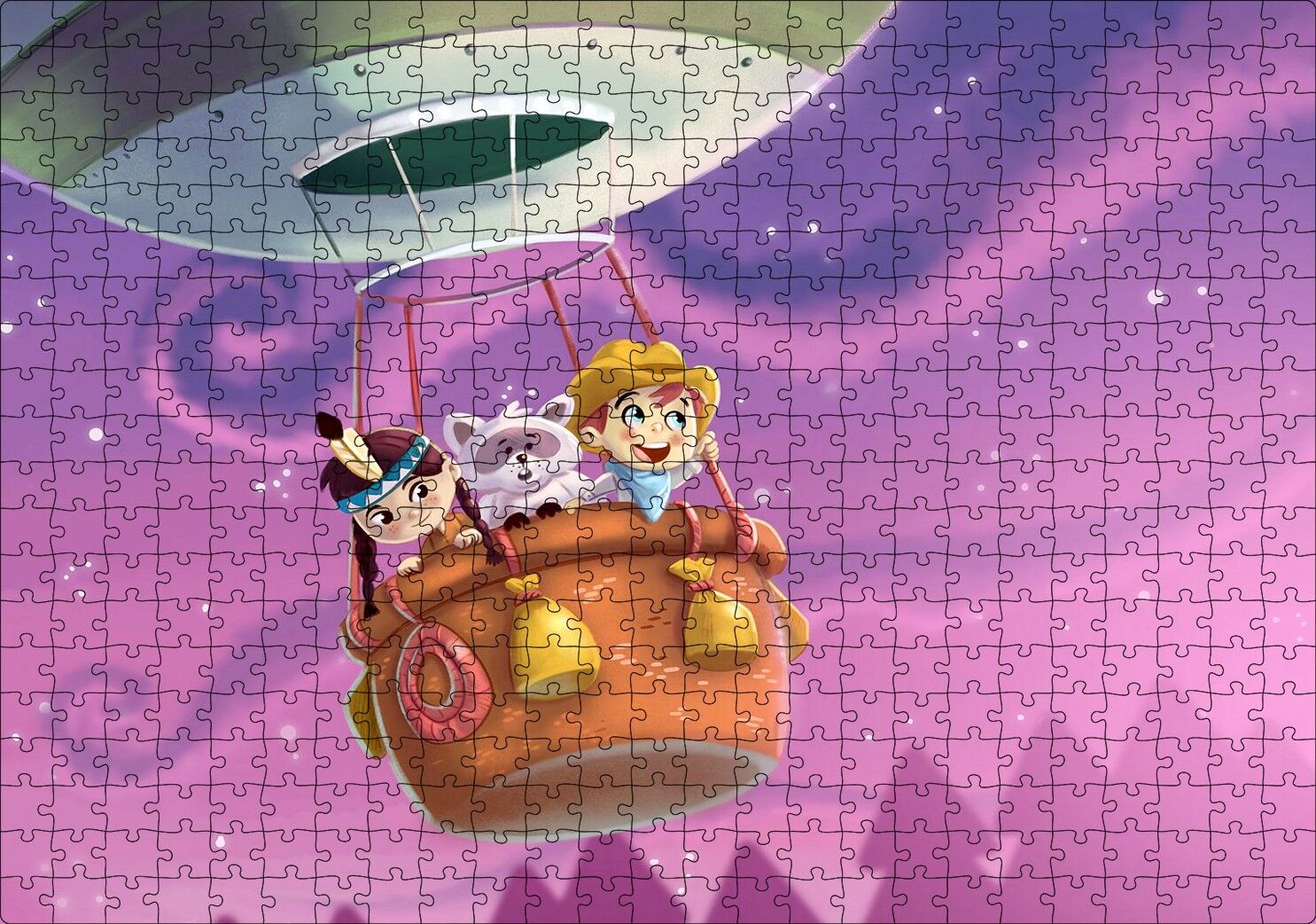 Sıcak Hava Balonunda Çocuklar ve Rakun Puzzle Yapboz MDF Ahşap 500 Parça 49 cm X 68 cm