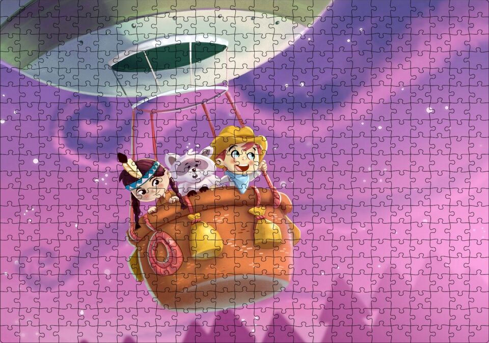 Sıcak Hava Balonunda Çocuklar ve Rakun Puzzle Yapboz MDF Ahşap 500 Parça 49 cm X 68 cm