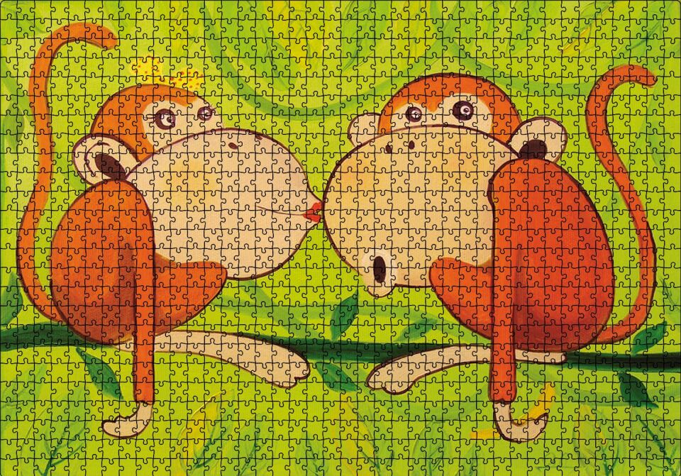 Maymunlar Aşk Öpücüğü Puzzle Yapboz MDF Ahşap 1000 Parça 49 cm X 68 cm