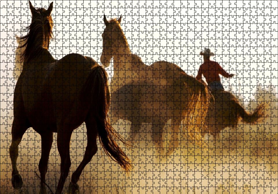 Atlar ve Kementli Kovboy Puzzle Yapboz MDF Ahşap 1000 Parça 49 cm X 68 cm