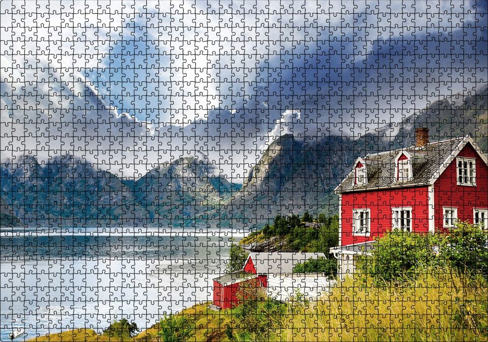 Norveç Dağ Göl Evi Puzzle Yapboz MDF Ahşap 1000 Parça 49 cm X 68 cm
