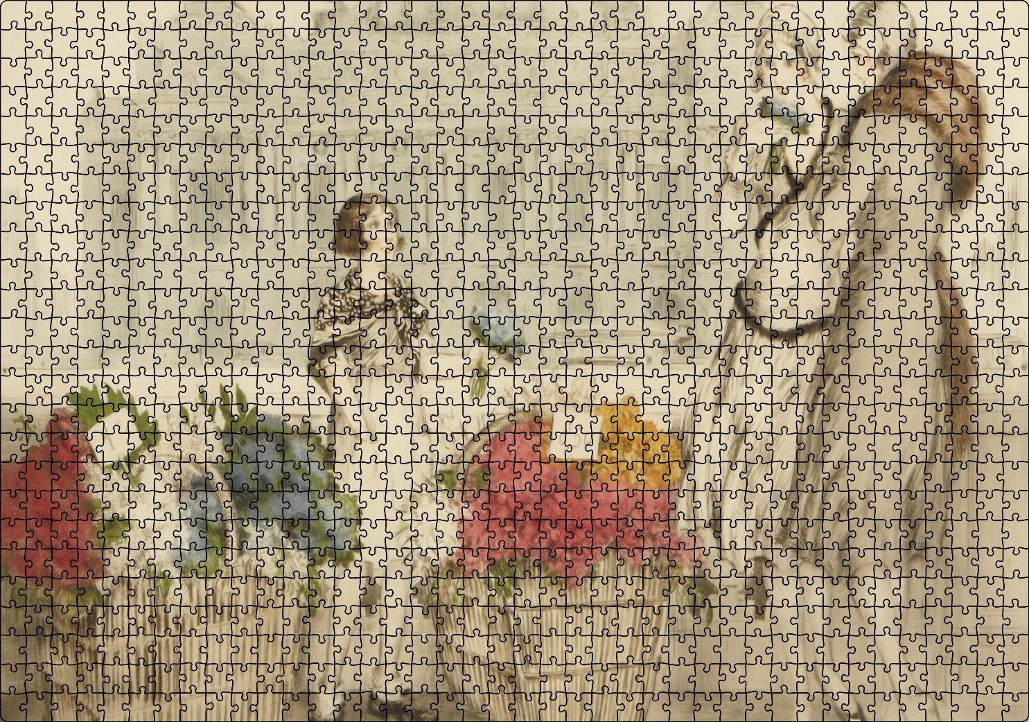 Çiçekçi Kız ve Müşterisi Kadınlar Puzzle Yapboz MDF Ahşap 1000 Parça 49 cm X 68 cm