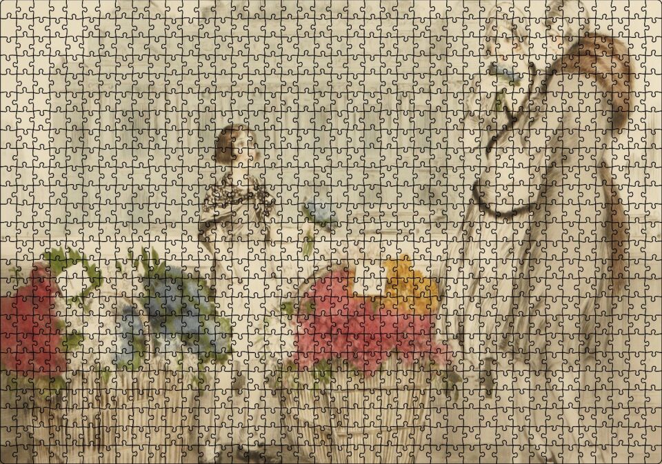 Çiçekçi Kız ve Müşterisi Kadınlar Puzzle Yapboz MDF Ahşap 1000 Parça 49 cm X 68 cm