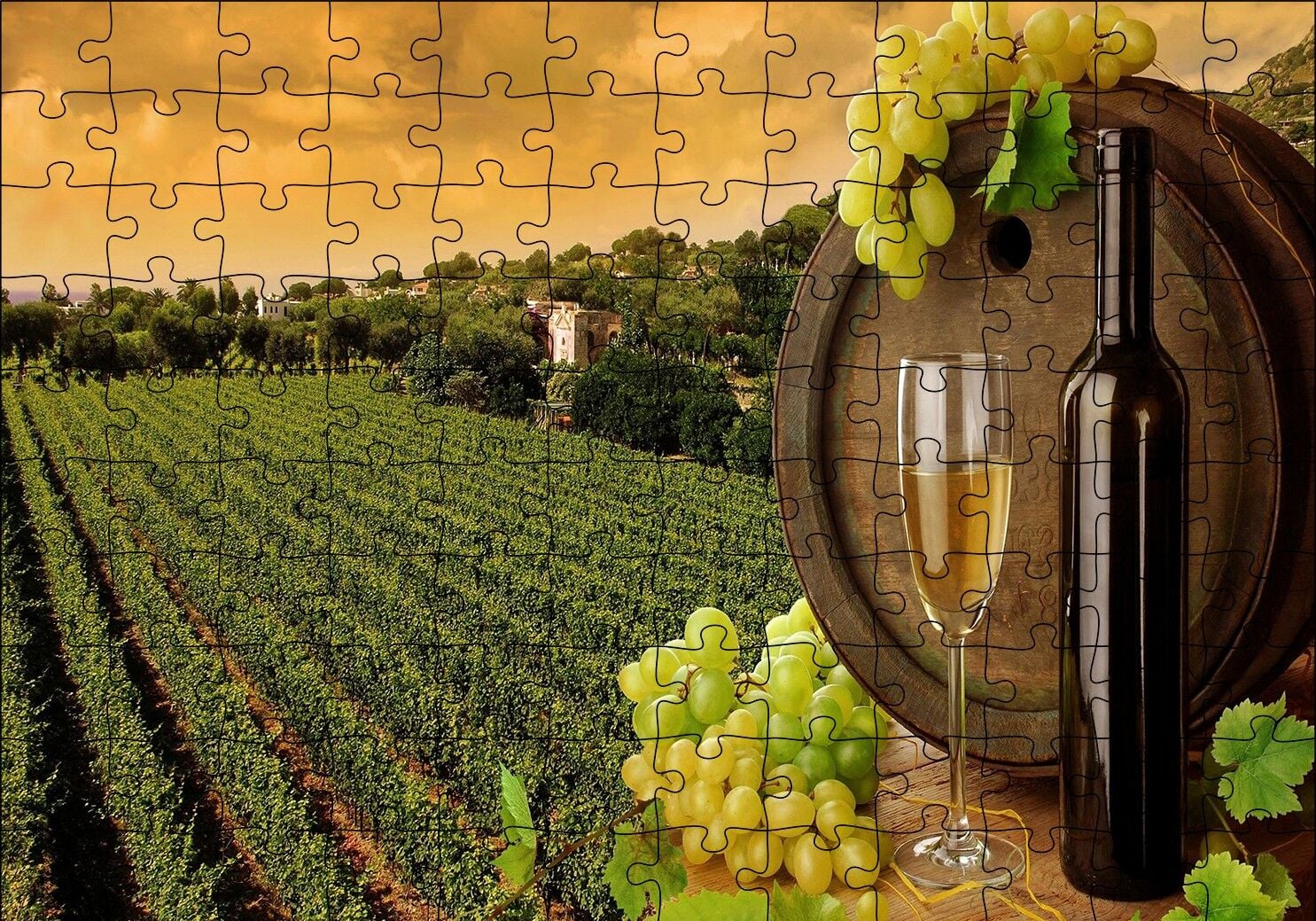 Beyaz Şarap Bağı Puzzle Yapboz MDF Ahşap 120 Parça 24 cm X 34 cm