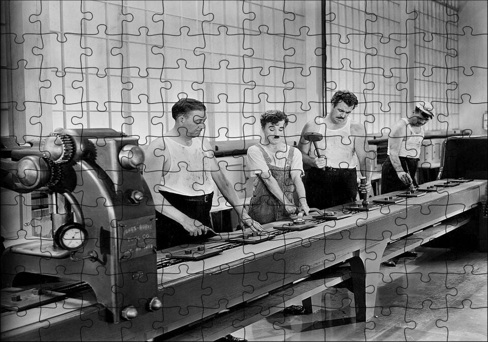 Modern Zamanlarda Charlie Chaplin Puzzle Yapboz MDF Ahşap