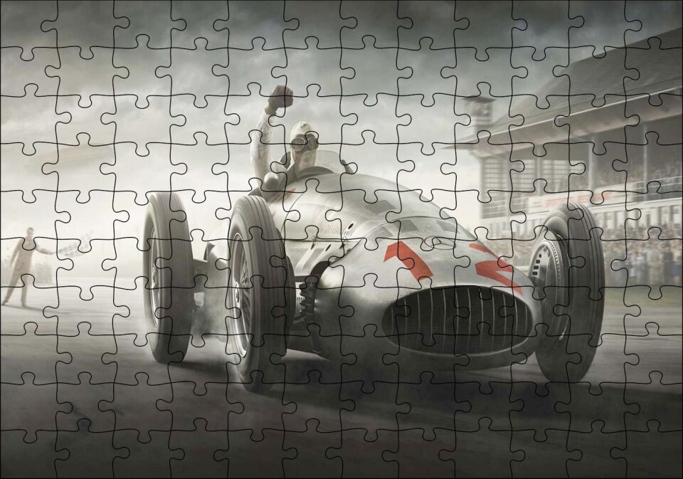 Mercedes Gümüş Ok Görseli Puzzle Yapboz MDF Ahşap 120 Parça 24 cm X 34 cm