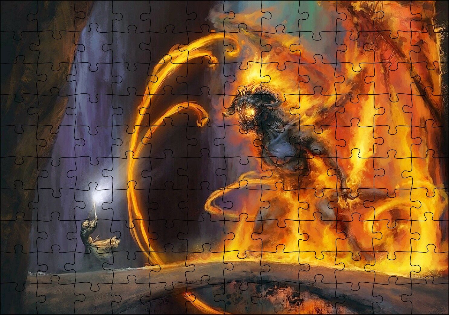 Alevler İçinde Şeytan ve Karşı Koyan Savaşçı Puzzle Yapboz MDF Ahşap